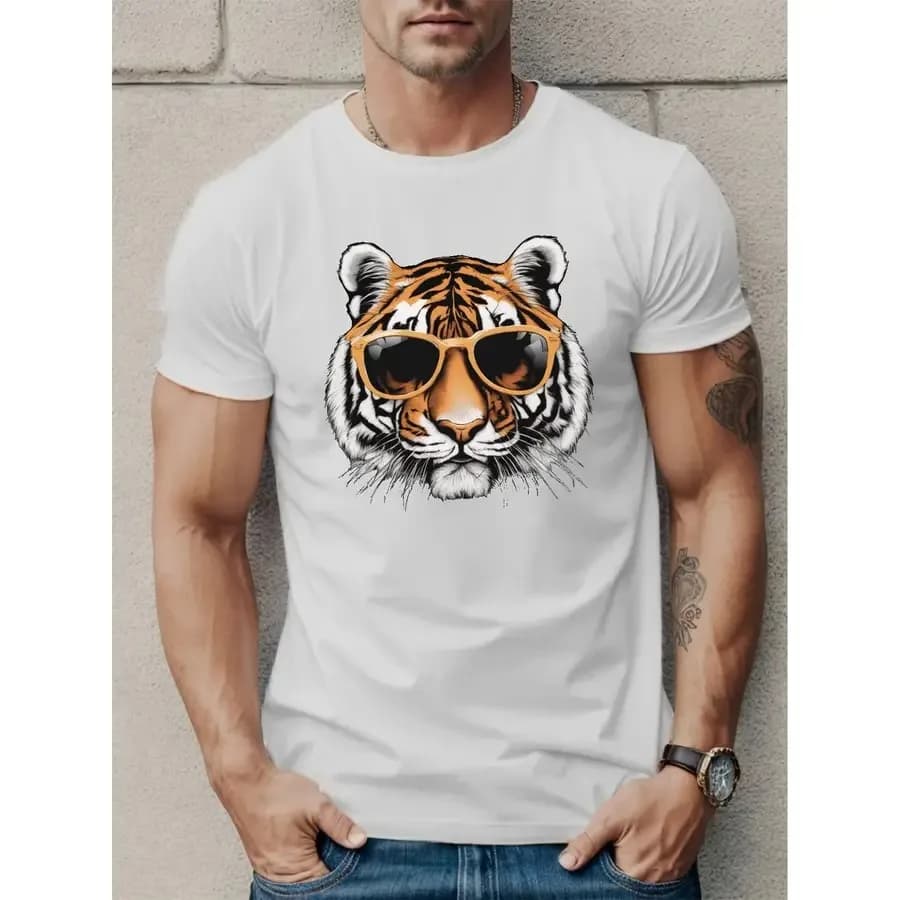 【Nuovo arrivo】 T-shirt da uomo con grafica Cool Tiger con occhiali da sole, maglietta casual streetwear girocollo in cotone bianco