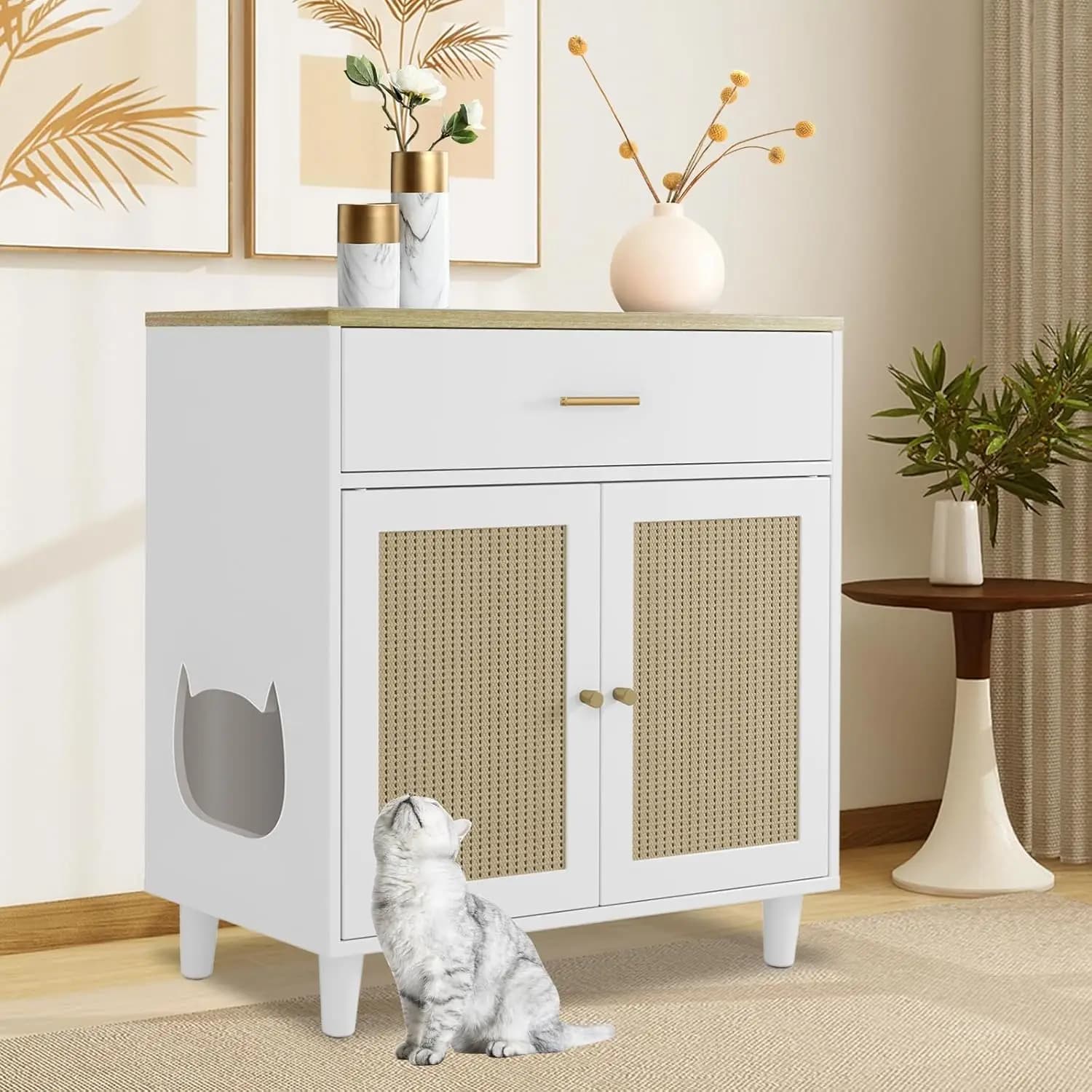 Mobiletto per lettiera per gatti in legno con lettiera integrata, con porta e cassetto, e lettiera per gatti con funzione di grattatoio, Cuccia per gatti