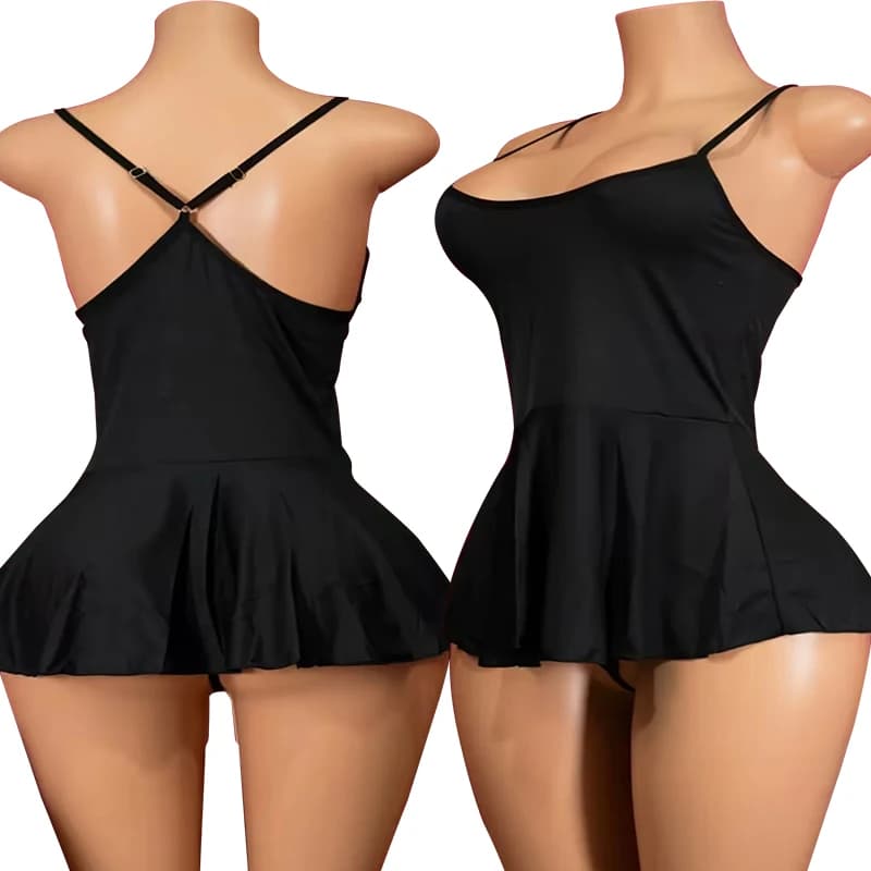 Lingerie erotica senza cavallo da donna con scollo basso, camicia da notte in seta, set reggiseno, mini abito da bambola nero, set di biancheria intima senza maniche