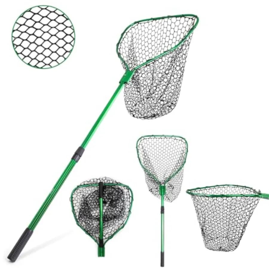 Telescopic Fishing Landing Net 3.6 5 ft — 17" x 19" Large Hoop, 21" Deep Silicone Rubber Mesh, for Freshwater and Saltwater, Gr