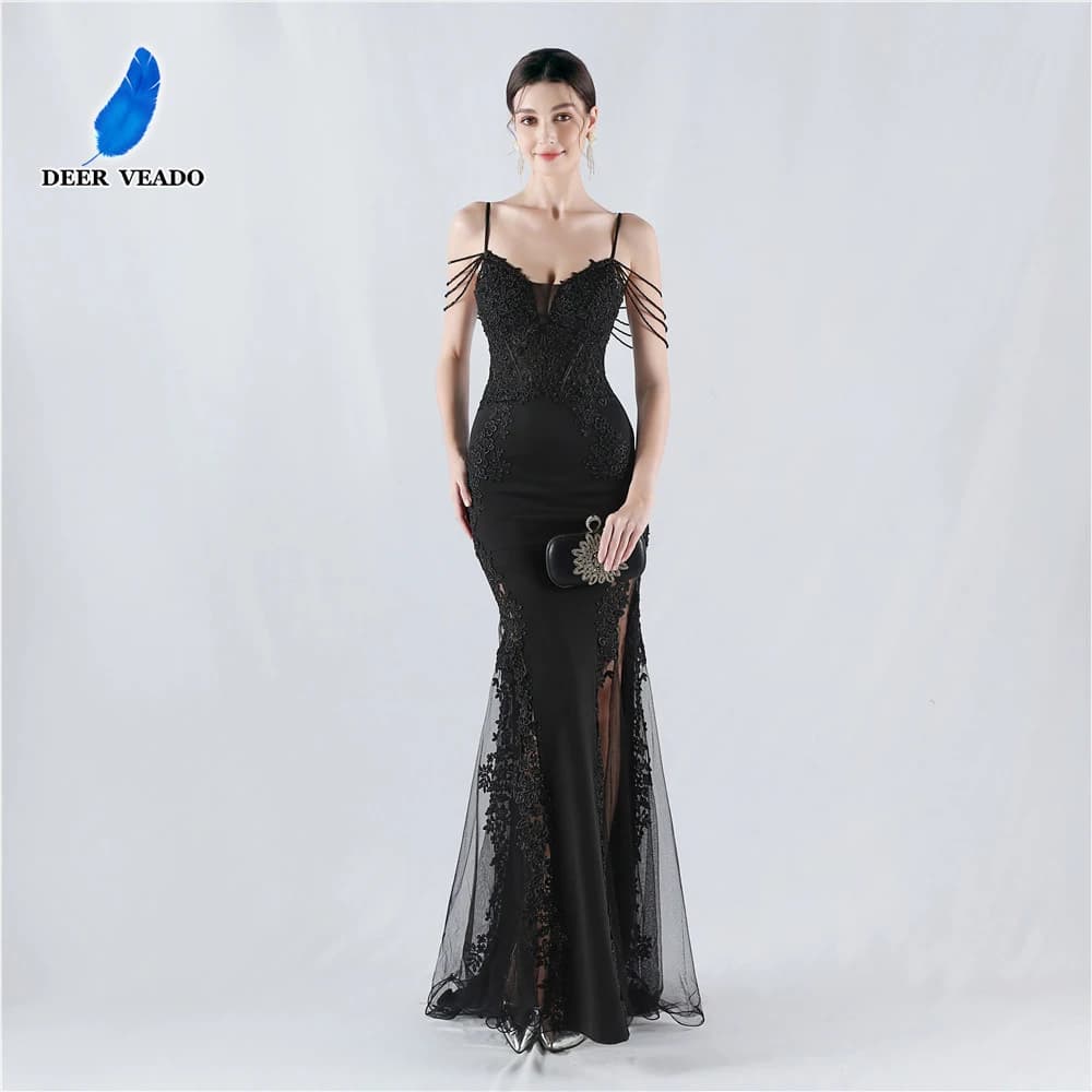DEERVEADO Abito da sera elegante a sirena da donna in 10 colori con applicazioni di perline Abiti da festa formali Abiti da sera lunghi