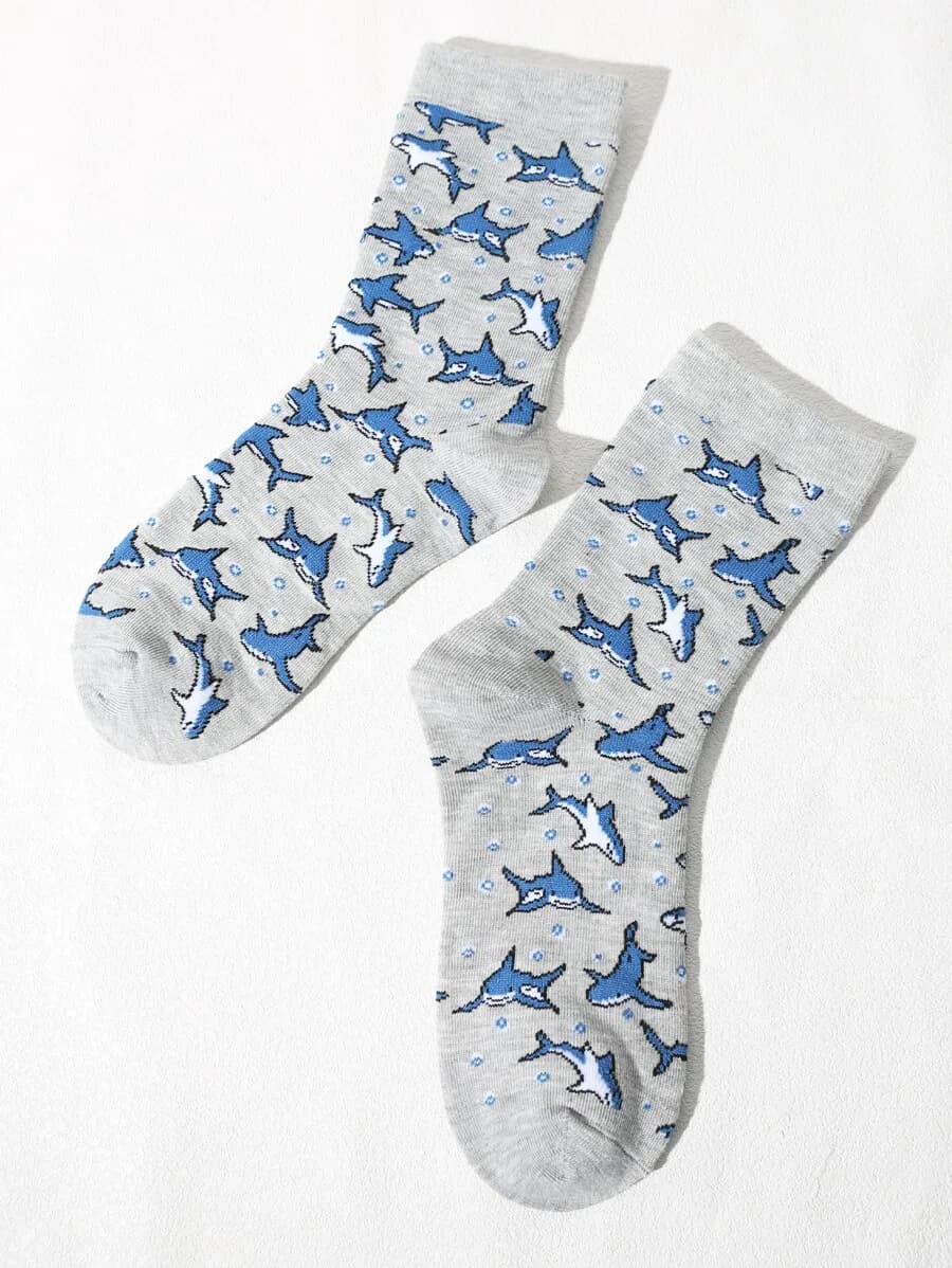 Mens Cartoon Shark Print Mid-Calf Socks Casual Fun Sports Socks