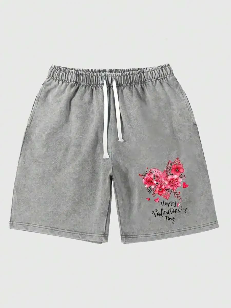 Mens Washed Gray Casual Shorts With Pink Floral Heart And Valentines Day Text, Elastic Waist Drawstring Summer Wear