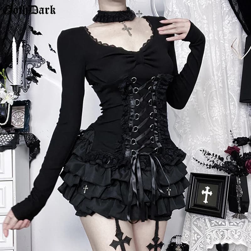 Goth Dark Lolita Manica lunga Fasciatura Con lacci Top in pizzo per le donne Mall T-shirt gotiche slim Club sexy Top Tees Coquette