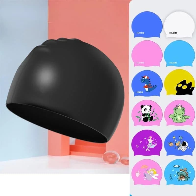 Elastic swimming head in Silicone boys cartoon panda kitten dolphin swimming head protection for hair waterproof equipment for pool