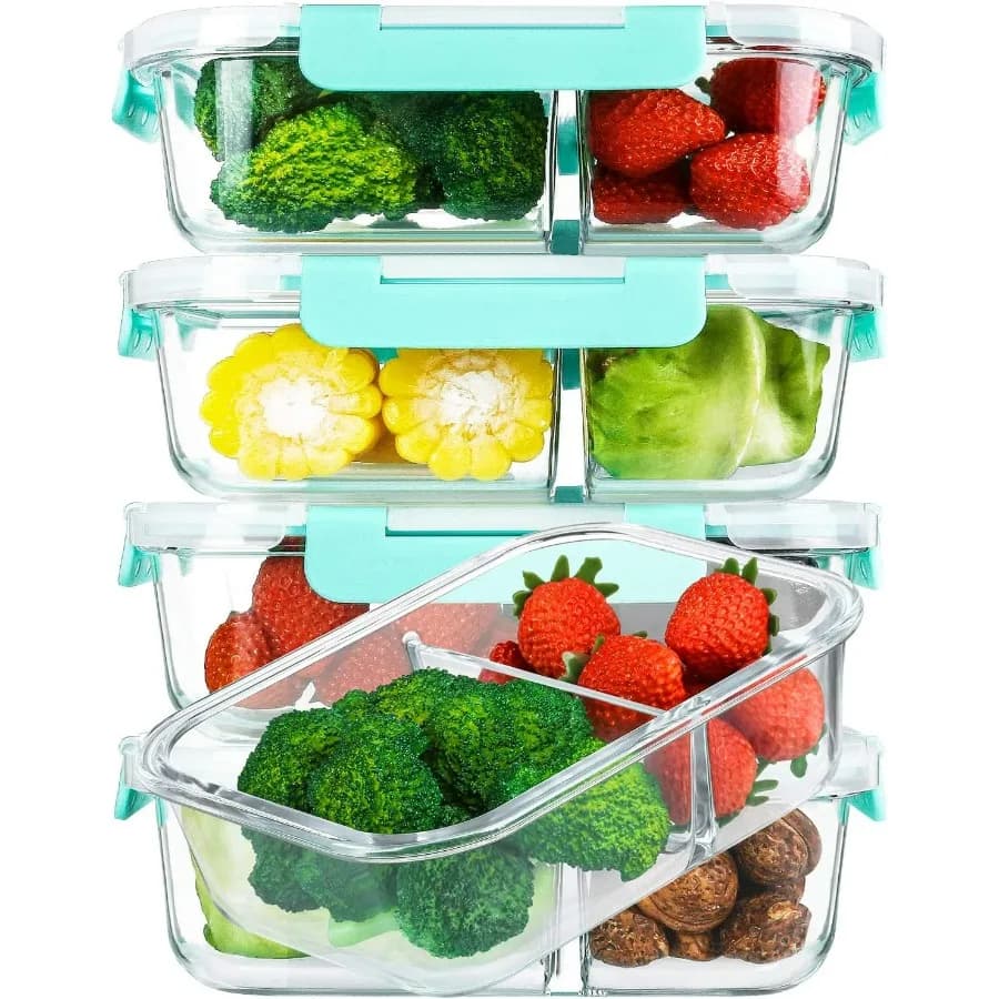[Confezione da 5, 36 Oz] Contenitori per la preparazione dei pasti in vetro Controllo delle porzioni a 2 scomparti con coperchi a scatto aggiornati Contenitori per alimenti in vetro