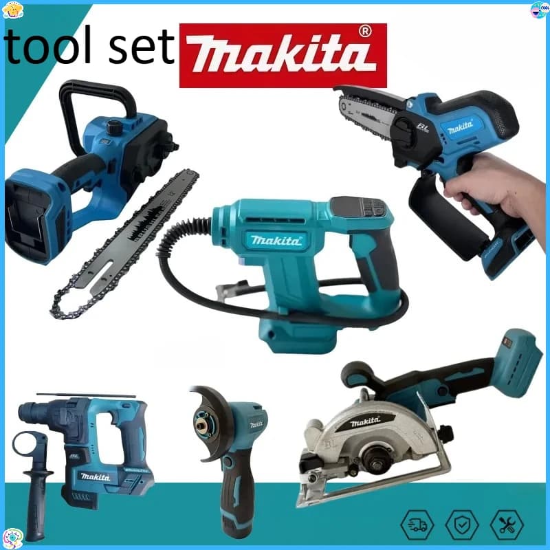 Set di Utensili Elettrici Makita: Smerigliatrice Brushless, Pistola per Colla, Motosega, Gonfiatore, Pistola per Silicone, Macchina da Taglio