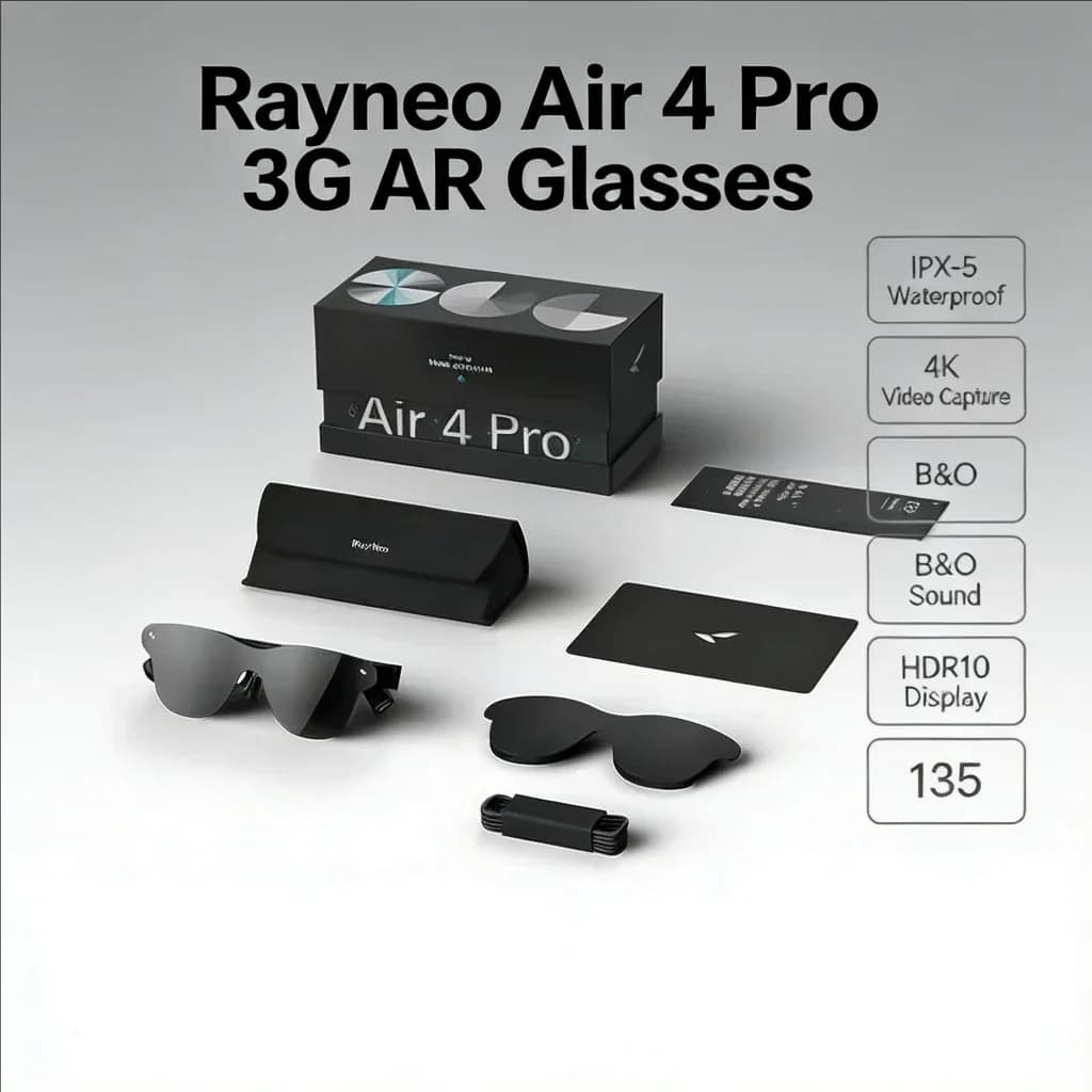 Occhiali AR Rayneo Air 4 Pro 3G, Impermeabili IPX-5, Cattura Video 4K, Audio B&O, Display HDR10, Schermo Virtuale da 135 Pollici
