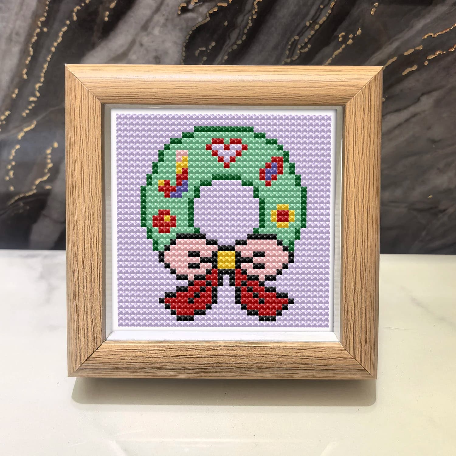 Christmas Wreath Mini Cross-Stitch Kit with Outer Frame, DIY Simple Handmade Embroidery Material Kit, Beginner Practice Holiday Bow Decoration for Living Room and Bedroom
