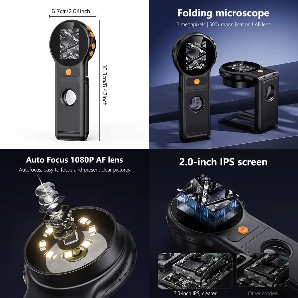 Lente d'ingrandimento elettronica pieghevole portatile 379 Factory Direct con 8 LED, autofocus AF, schermo da 2 pollici, microscopio video tascabile per