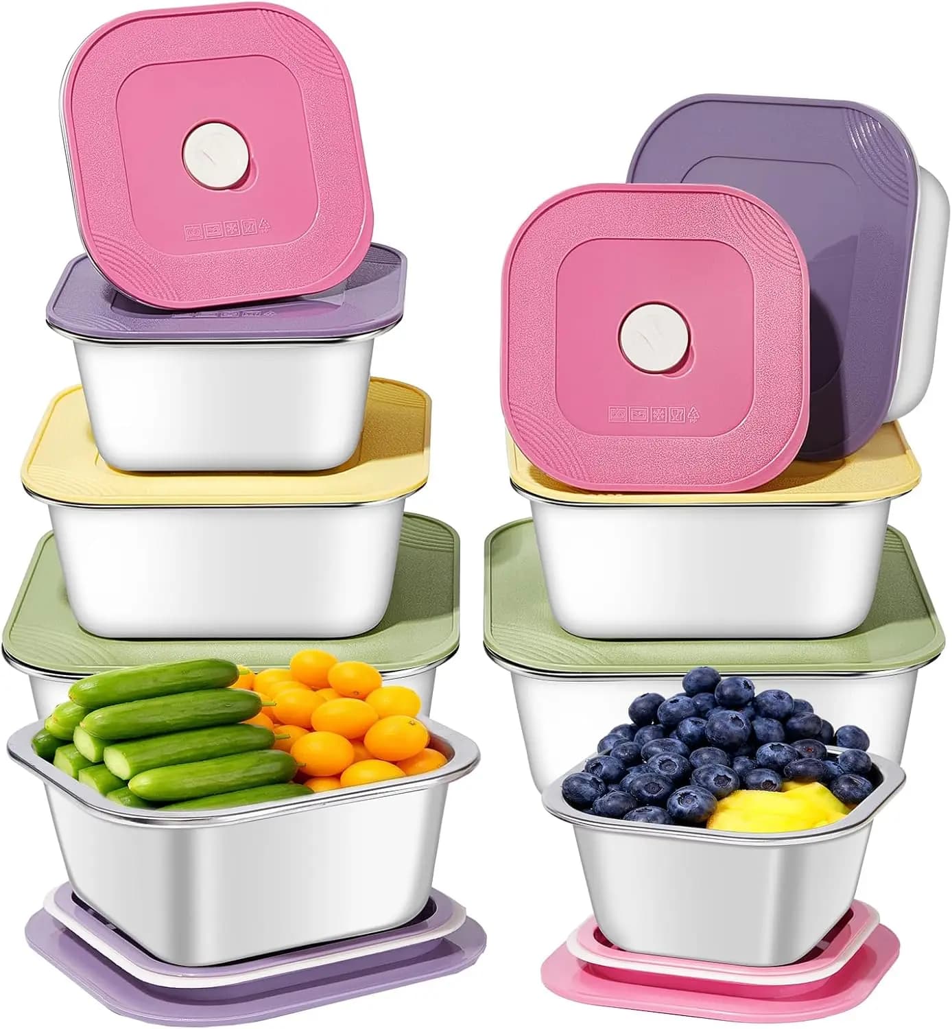 Set di 8 contenitori per alimenti in acciaio inossidabile con 4 coperchi colorati - Ermetici e a prova di perdite per la preparazione dei pasti, il pranzo