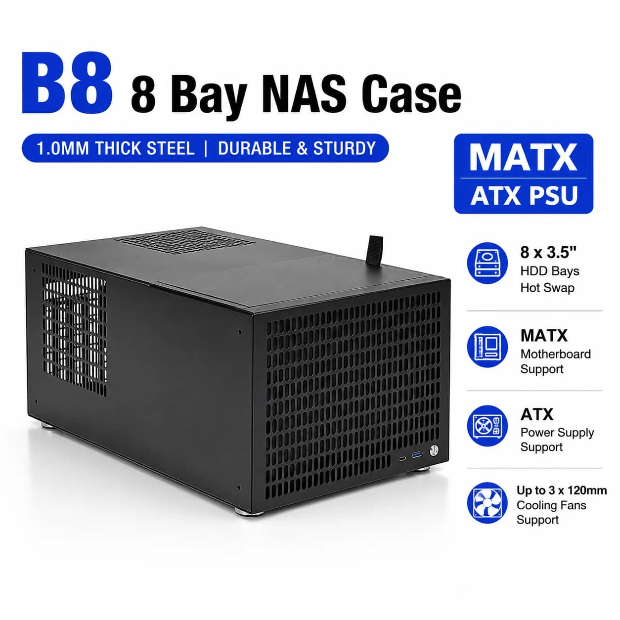Case NAS B8 a 8 Bay, Chassis Server MATX con HDD Hot Swap, Alimentatore ATX, Case PC Server Domestico da 19L