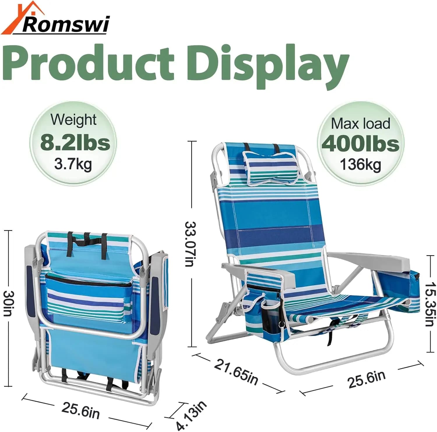 Sedia da Spiaggia Pieghevole in Alluminio con Portabevande, Portabicchieri e Porta Asciugamani, a Righe Blu, Design Portatile