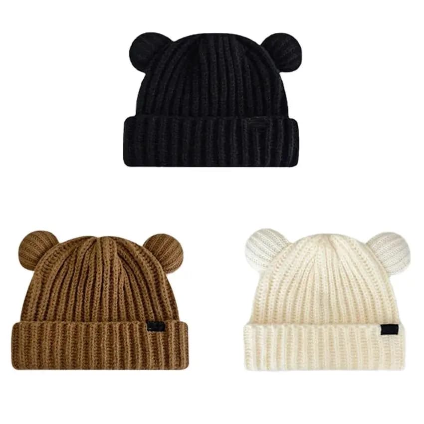 Unisex Winter Autumn Cute Cartoon Bear Ears Double Needle Craft Knitting Beanies Skull Hat Adult Child Outdoor Warm Cold Cap 206