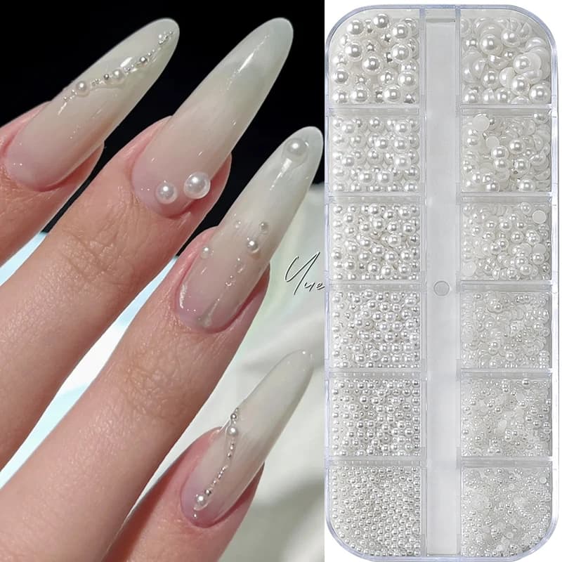 12 Griglie Misto Bianco Perla Pendenti E Ciondoli Per Unghie 3D Rotondo/Demicircolo Perle Unghie Artistiche Strass Accessori Per Manicure Parti FAI DA TE Y7%6K