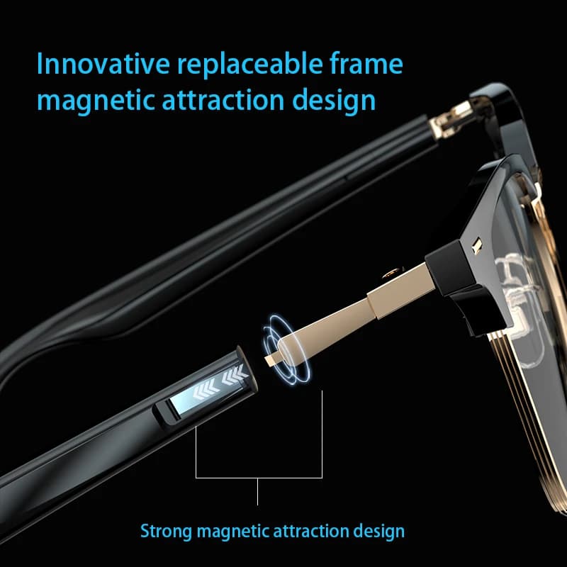Occhiali Bluetooth intelligenti con montatura innovativa sostituibile, design a attrazione magnetica, lenti personalizzabili e pulsante touch screen.