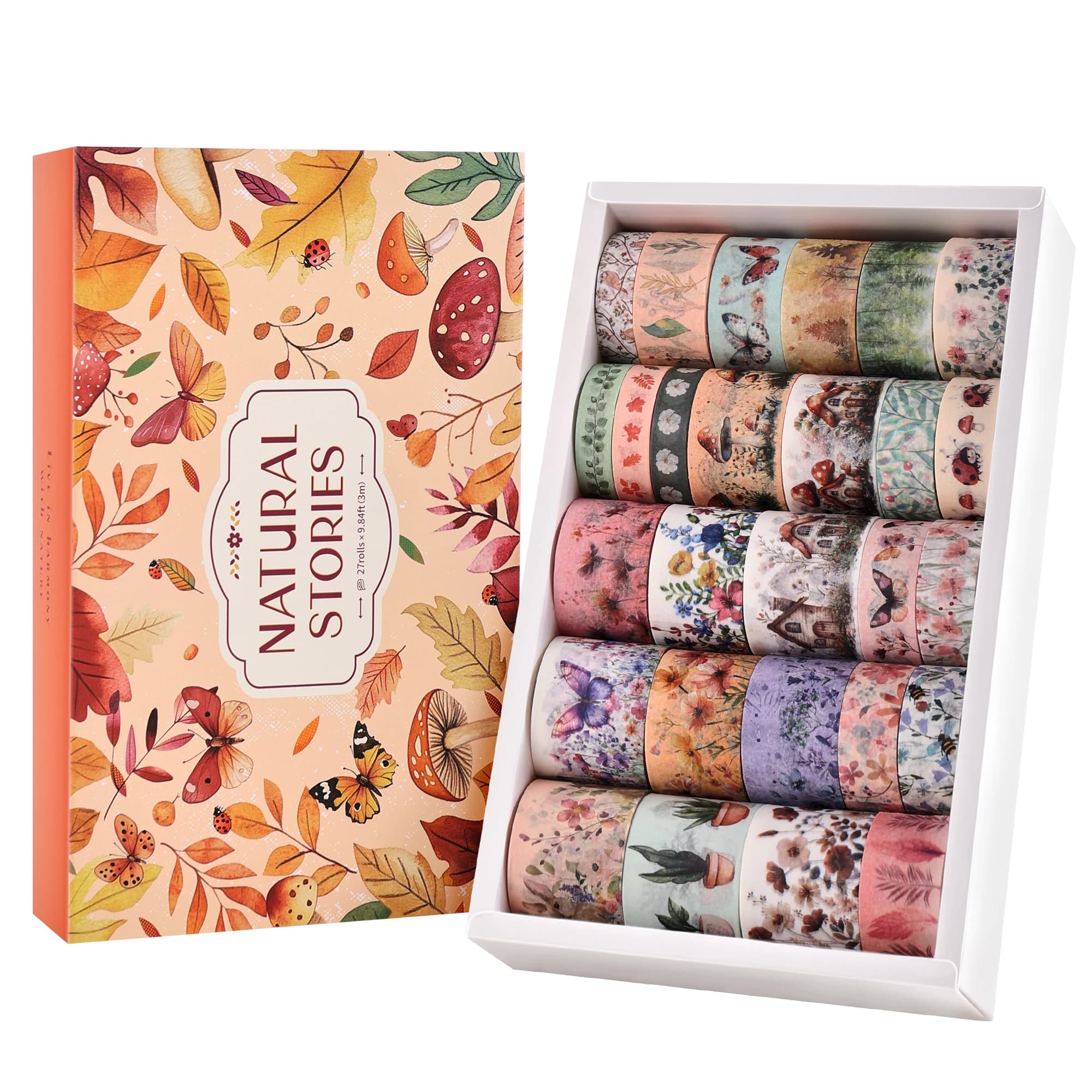 27 Rolls Vintage Washi Tape Set, Floral Butterfly Forest Mushroom Botanical Flower Writable Decorative Tapes for Scrapbooking, J