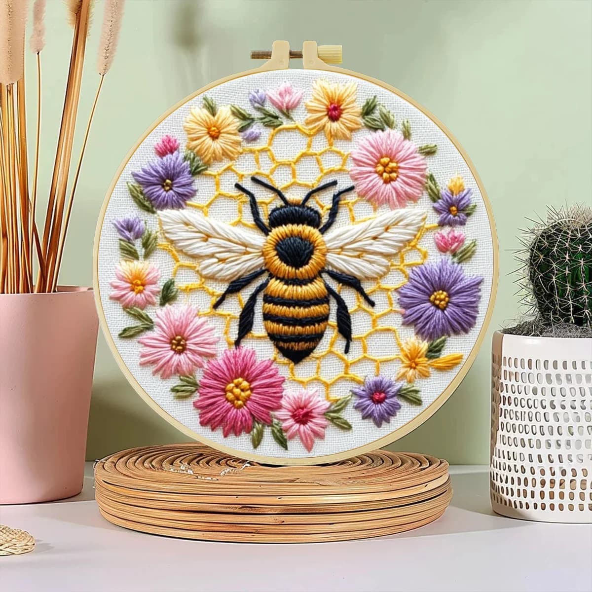 1 pz 20X20 CM/7.87 pollici Api e bellissimi fiori Ricamo Starter Kit Kit FAI DA TE Set per Principianti Cucito Arte Complementi Arredo Casa