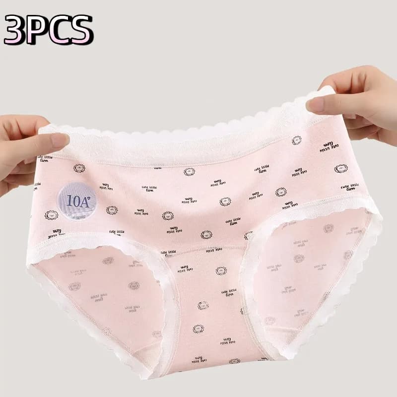 3PCS Women Briefs Mid Waist Underpants Cute Print Lace Trim Soft Breathable Cotton Panties Ladies Daily Panties Underwear