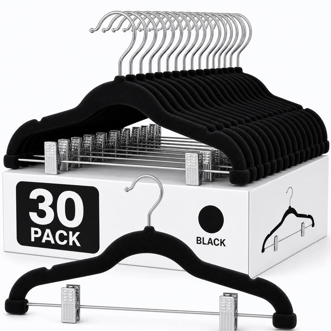 30 PCS 16.7" Long Clip Velvet Trouser Hangers, Sturdy Anti-Slip Garment Storage Hangers for Skirts Pants Dresses Daily Wardrobe Use