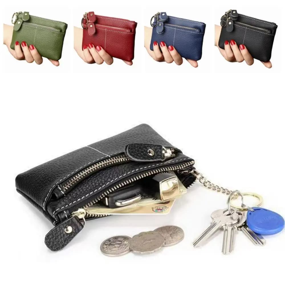 Vintage Mini Coin Purse PU Leather Multi-Card Slot Women's Keychain Wallet Large Capacity Zipper Closure Zipper Coin Purse