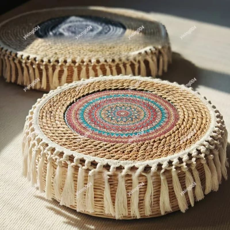 Round Woven Straw Cushion With Tassel Non Slip Thin Mat for Meditation Window Seat Floor Decor