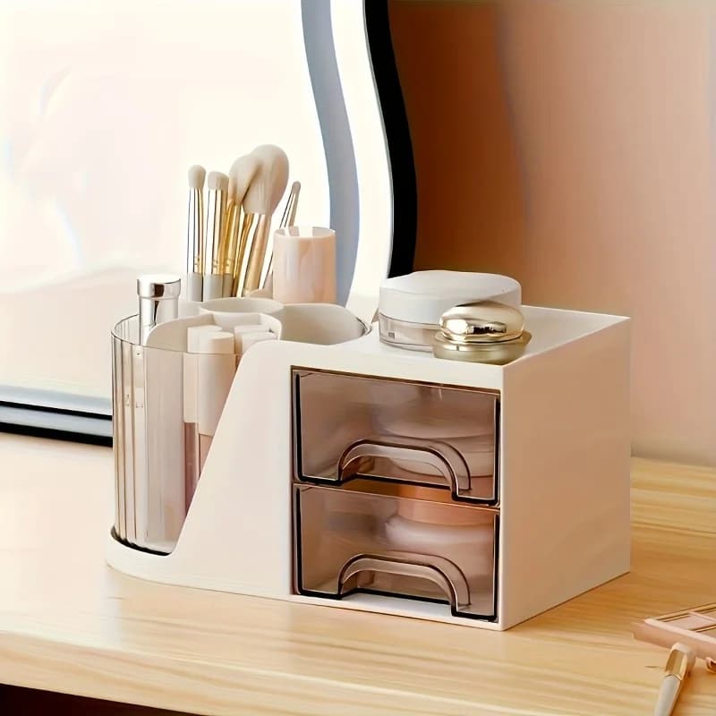 Simple desk holder, pen holder with double drawer structure, swivel design