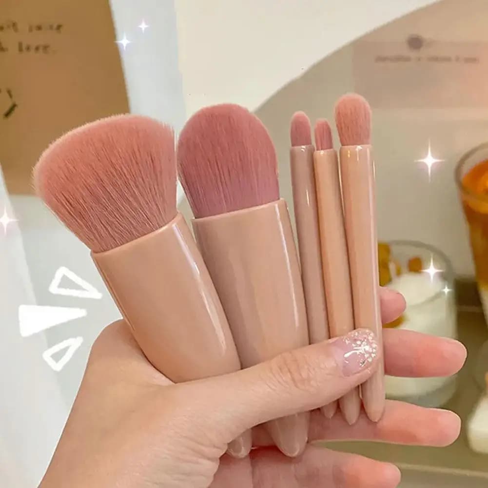 Set di 5 Pennelli da Trucco Portatili con Specchio, Kit da Viaggio Mini Pennelli Cosmetici Multifunzione con Custodia