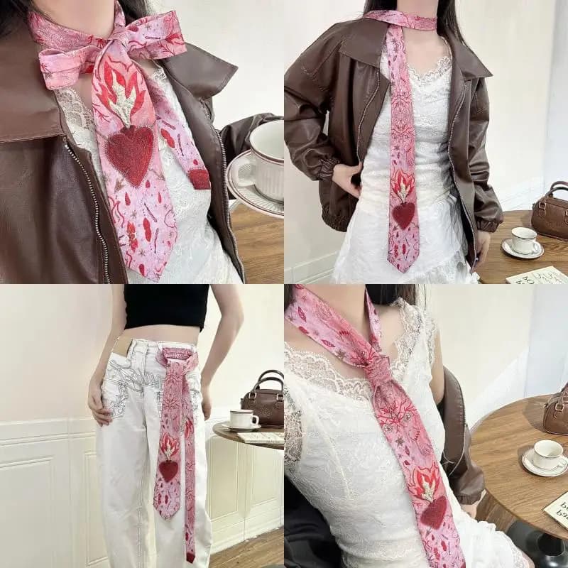 Vintage Gradient Pink Heart Flame Tie For Women Y2K Romantic Neck Scarf Lightweight Daily Fashion Accessory Jeans Waistband Gift