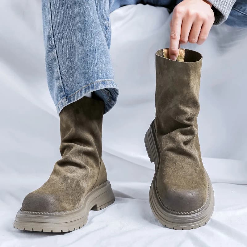 moda uomo punk rock stivali alti con plateau designer scarpe in pelle scamosciata di mucca cowboy stivale lungo moto alla moda botas masculinas