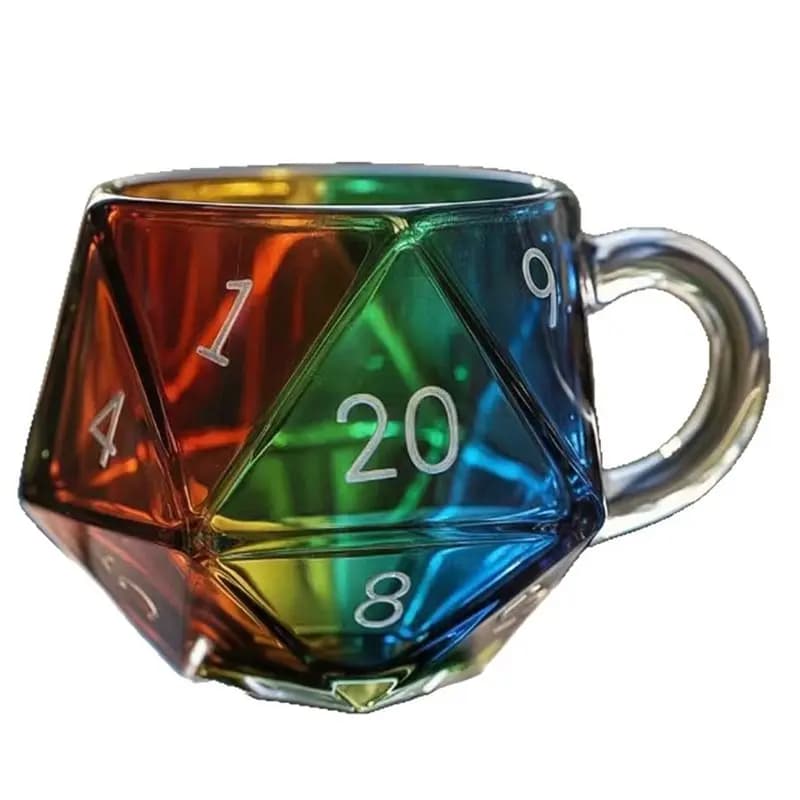 ABHU Rainbow D20 Dice Mug Coffee Cup Heat-Resistant Transparent Coffee Cup For Board Game Lovers
