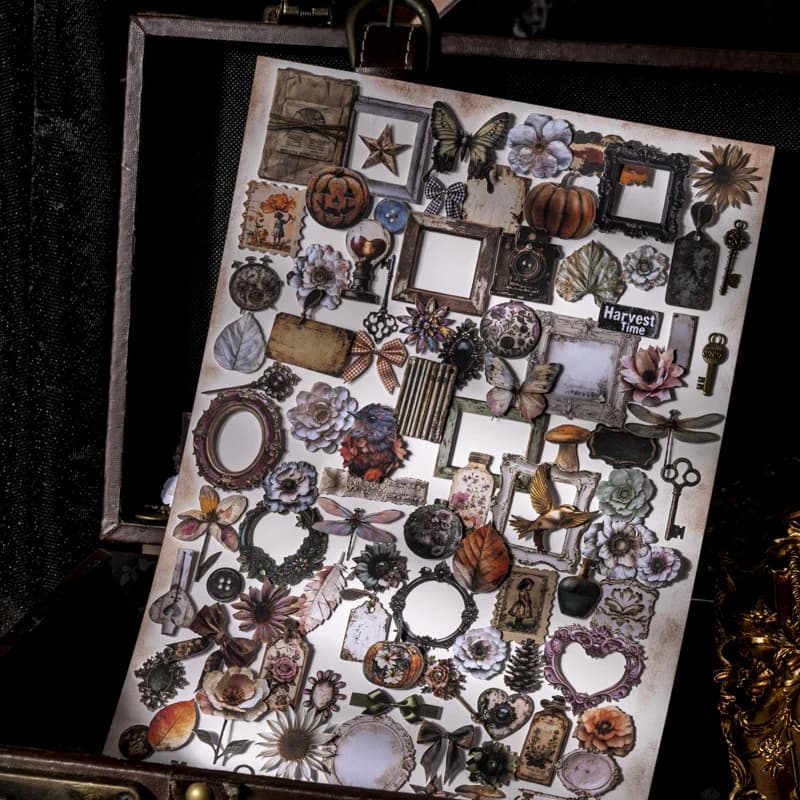 1pack/100pcs vintage hard sticker set with clocks, letters, jewelry, ideal supplies for journal scene collage