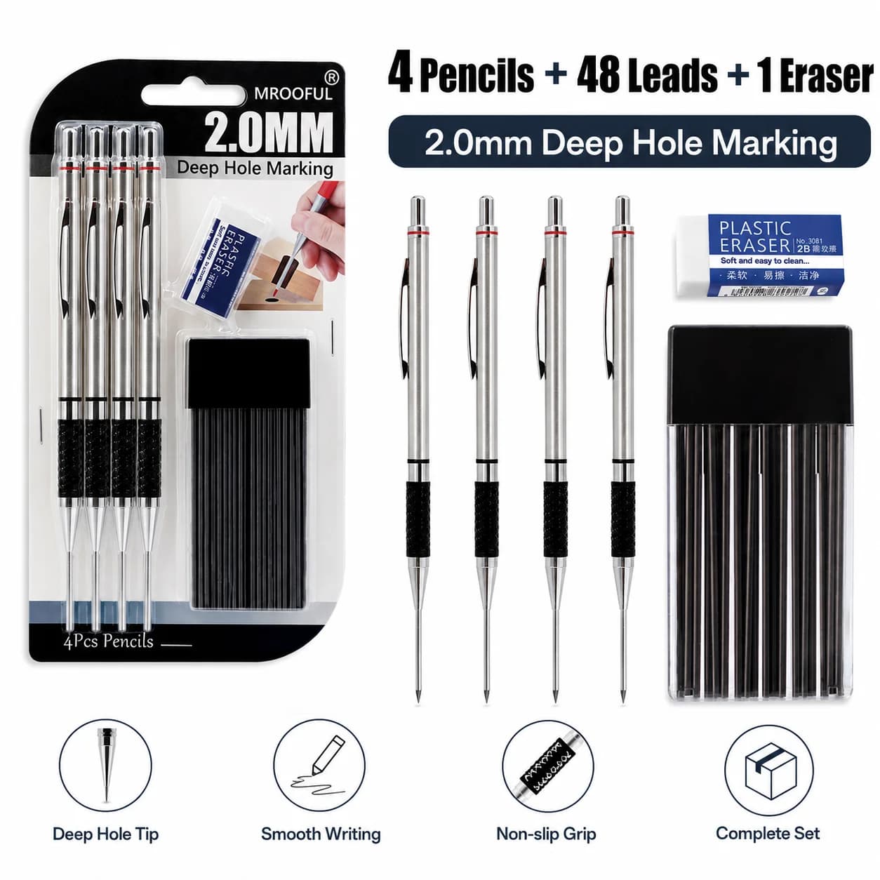 2.0mm Deep Hole Marking Mechanical Pencil Set,Anti Slip Soft Set Grip Handle Automatic Pencil Engineer Drawing Marking Tool