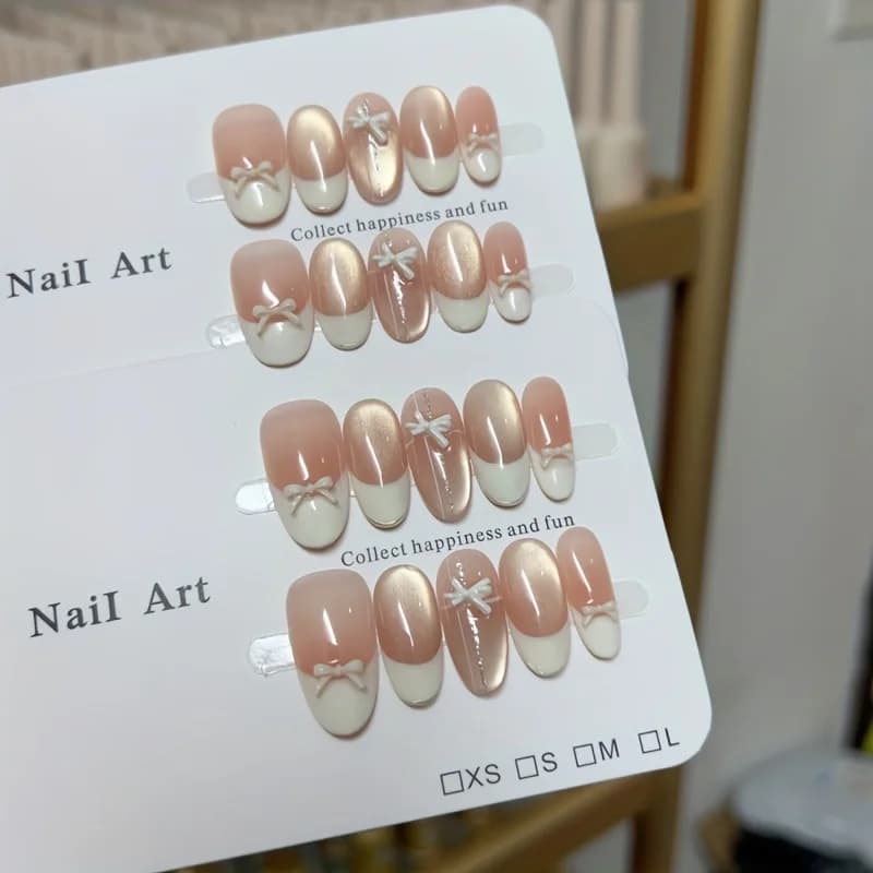 10pcs high-end French cat's eye bow handmade fake nails, Pink-toned fresh and light princess style nail decoration patches