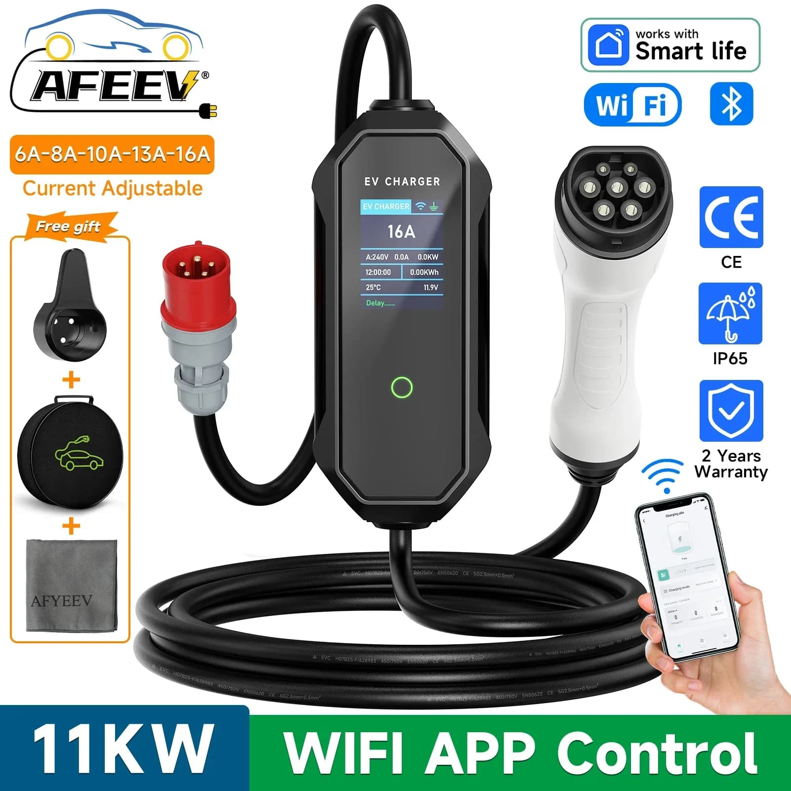 AFEEV Type 2 Portable EV Charger 11KW 16A 3 Steps Wallbox IEC62196-2 EVSE Fast charging cable EEC plug WIFI APP Bluetooth control