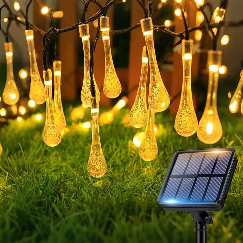 Catena Luminosa Solare da Esterno con 20/30/50 LED a Forma di Goccia d'Acqua, 8 Modalità, per Decorazione di Giardini e Alberi