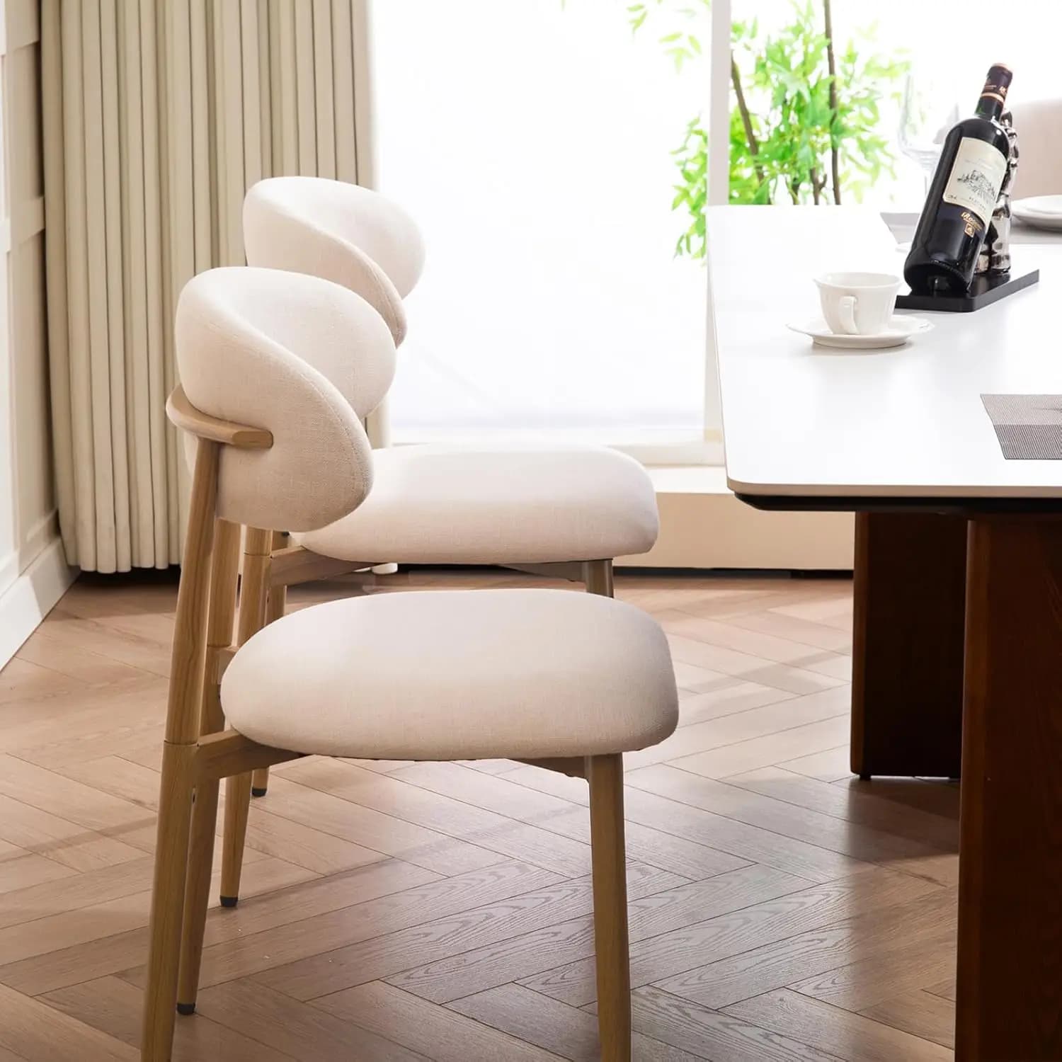 Set di 2 Sedie da Pranzo, Sedie da Cucina in Metallo con Rivestimento in Tessuto Moderno per Sala da Pranzo, Beige