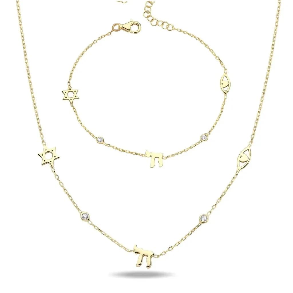 Set di Gioielli Amuleto Ebraico Segno della Vita, Colore Oro, Occhio Stella di David Chai, Charm CZ, Bracciale a Catena, Collana Choker