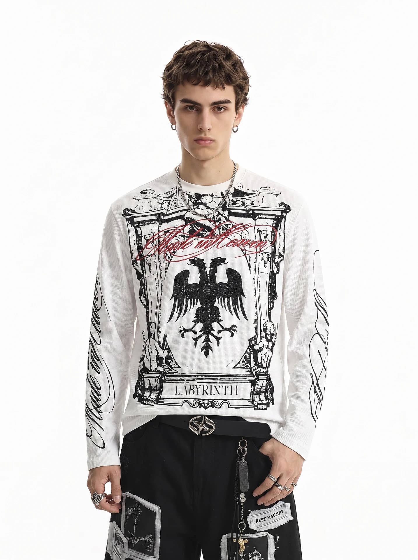 BETEBULE American Style Long Sleeve Loose Men's T-shirt Abstract Print Waffle Pattern Casual Comfortable Autumn Top
