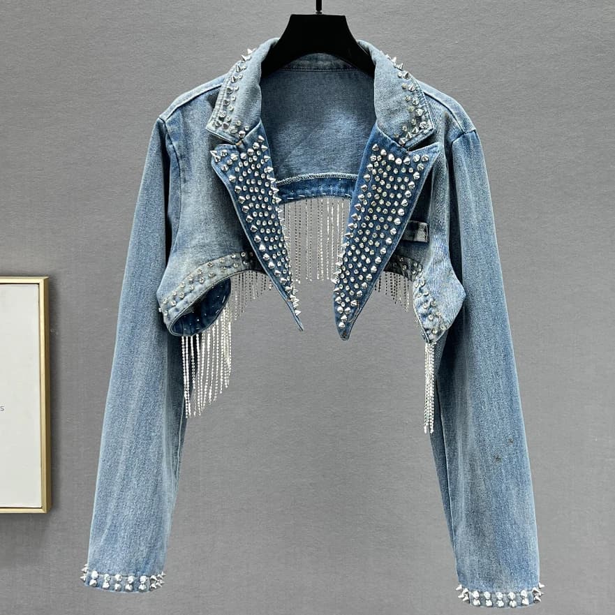 Nappe con perline strass Rivetti Giacca di jeans Corto con frange di cristallo Cappotto di jeans senza schienale Diamanti Cardigan da cowboy Top con paillettes