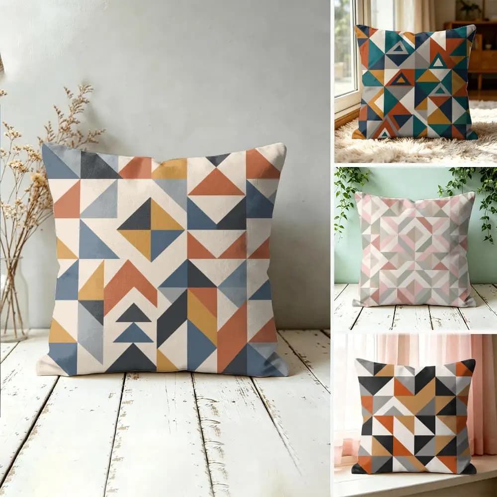 Geometric Triangle Mosaic Pillow Case Double-Sided Plush Sofa Cushion Covers Organic Breathable Invisible Zipper
