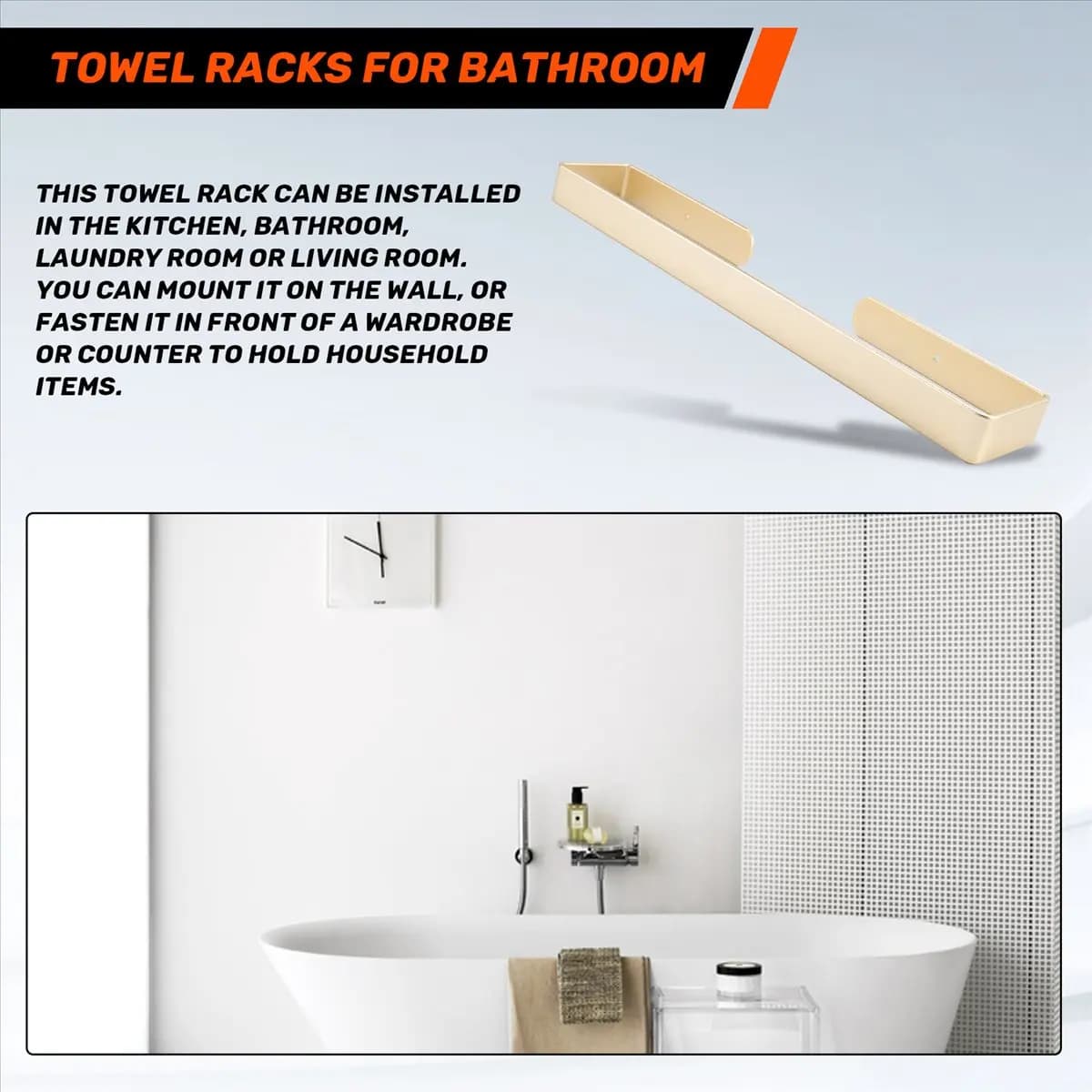 (。_。) Bathroom Self Adhesive Towel Rack, 15.5 Inch No Punch Toilet Kitchen Self Adhesive Towel Bar Gold