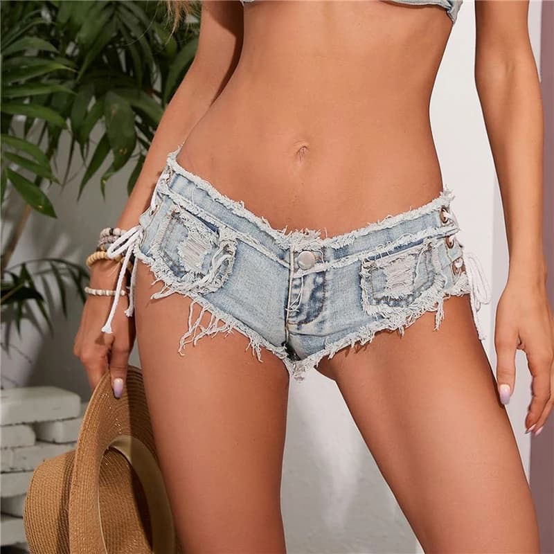 2024 Jeans corti in denim sexy con nappa a vita ultra bassa da donna Pantaloncini in denim con bordo ruvido strappato da discoteca Pantaloni caldi dimagranti slim fit