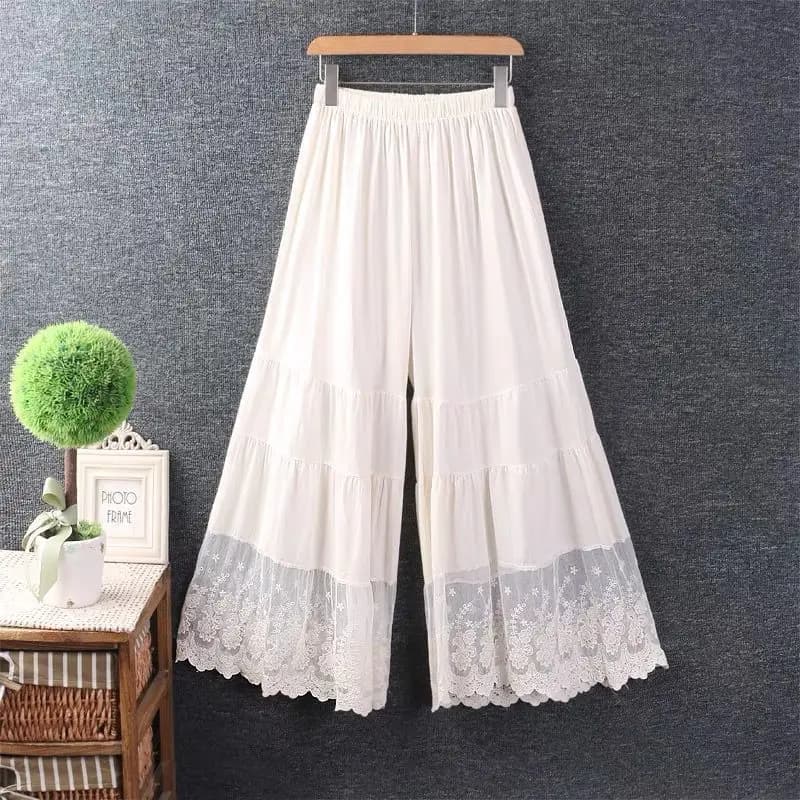 Pantaloni a gamba larga in pizzo giapponese da donna, estivi, casual, larghi, a gamba dritta, con design a gonna e inserti di nicchia