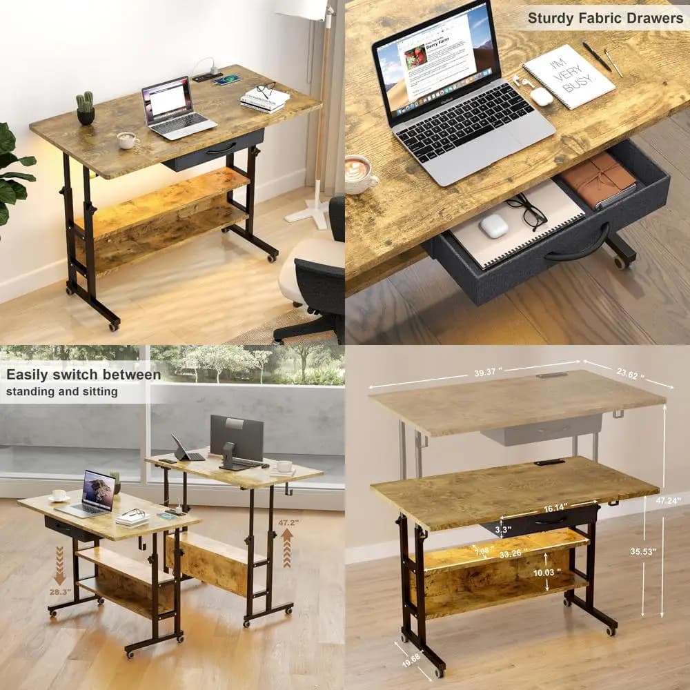 Scrivania in piedi regolabile con portaoggetti, scrivania per laptop mobile, scrivania ergonomica con cassetti e illuminazione per uso in ufficio