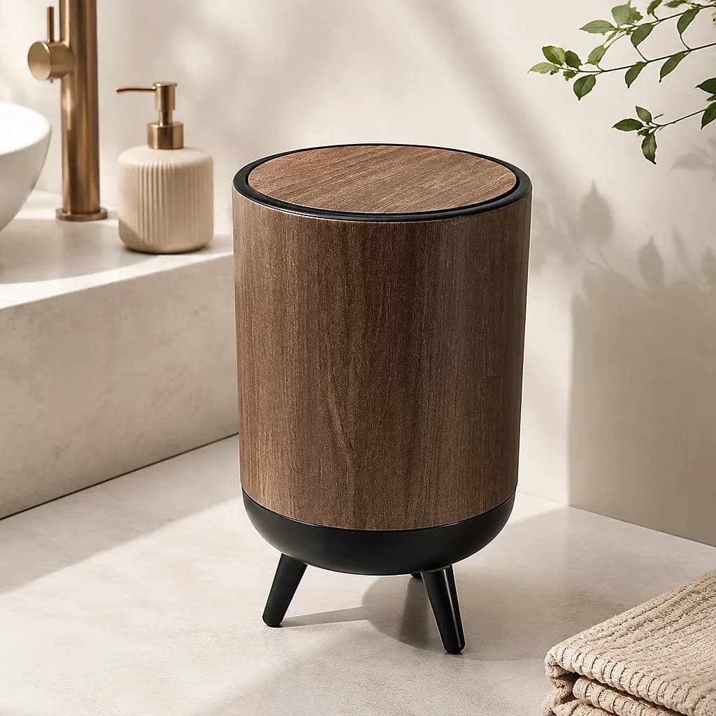 Walnut Wood Grain Pedestal Trash Can, Swing Top Lid Decorative Garbage Bin with Detachable Washable Inner Bucket, Elevated Stand Waste Basket for Bathroom, Bedroom & Mid-Century Home Decor