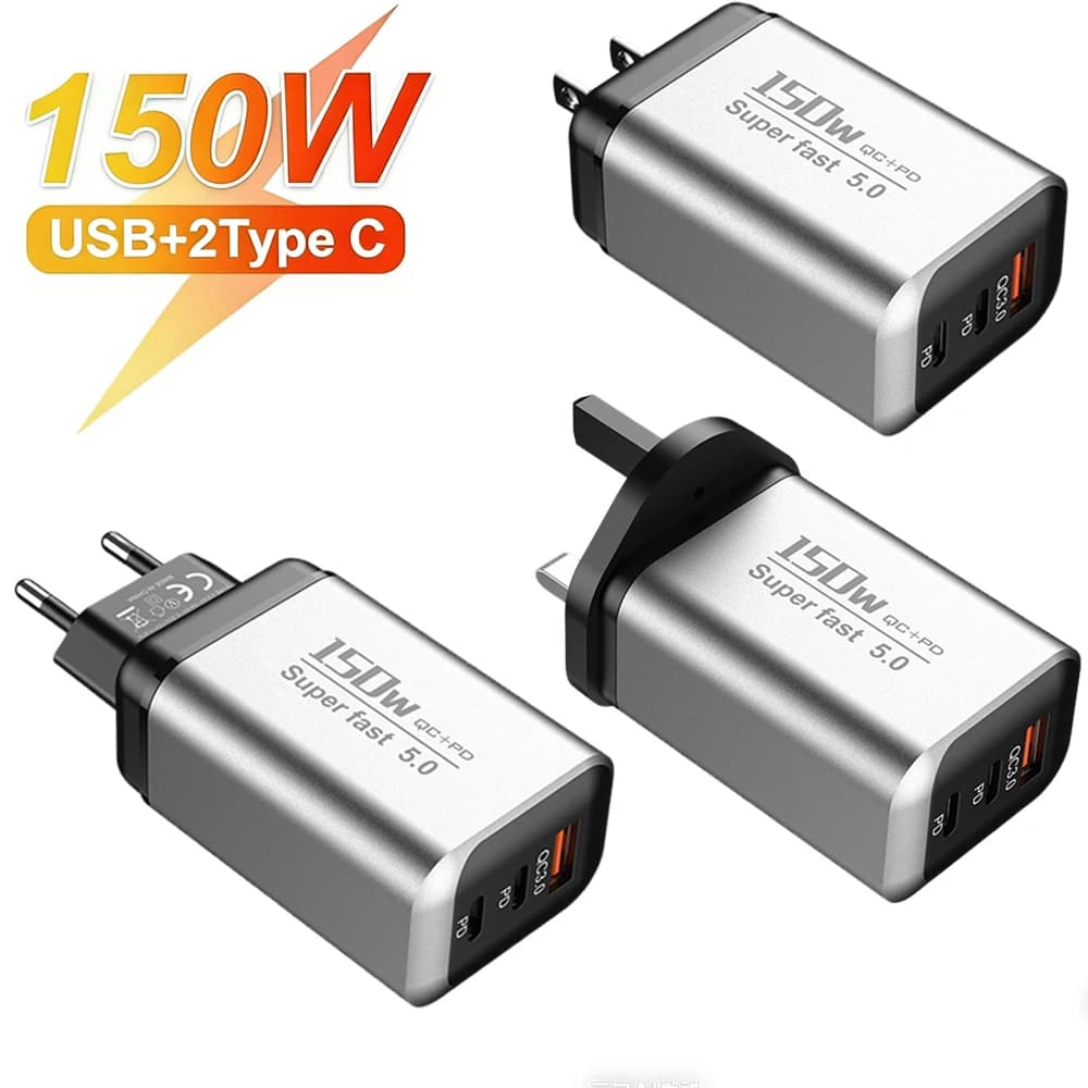 Caricatore USB Type C 3 in 1 da 150W, Ricarica Super Veloce 5.0, Adattatore da Parete EU/UK/US per iPhone 17 16 Samsung Xiaomi