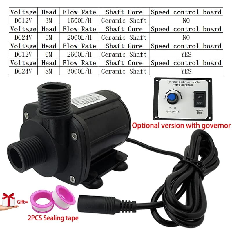 Pompa ad alta pressione con regolatore Pompa in ceramica da 1/2" Testa 3000L/H 8M, Pompa sommergibile senza spazzole DC 12V 24V con adattatore UE