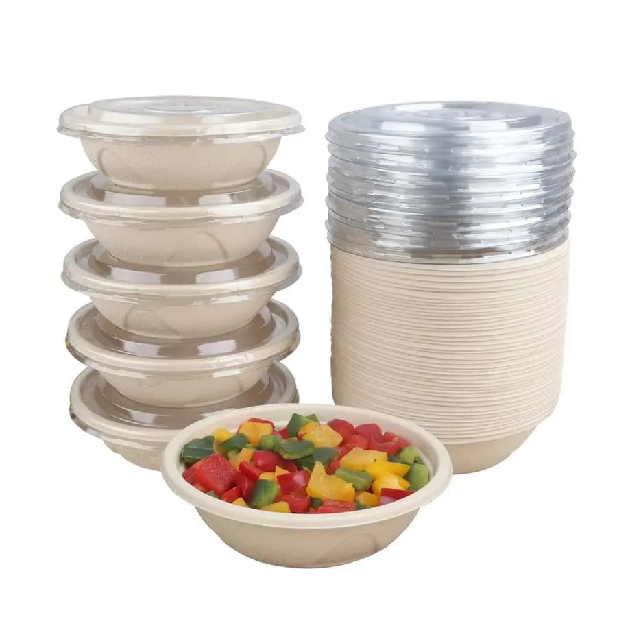 Disposable bowls for salad with lid, containers for sugar cane fiber food, containers for meals preparation, gastronomy containers, suitable for freezer.