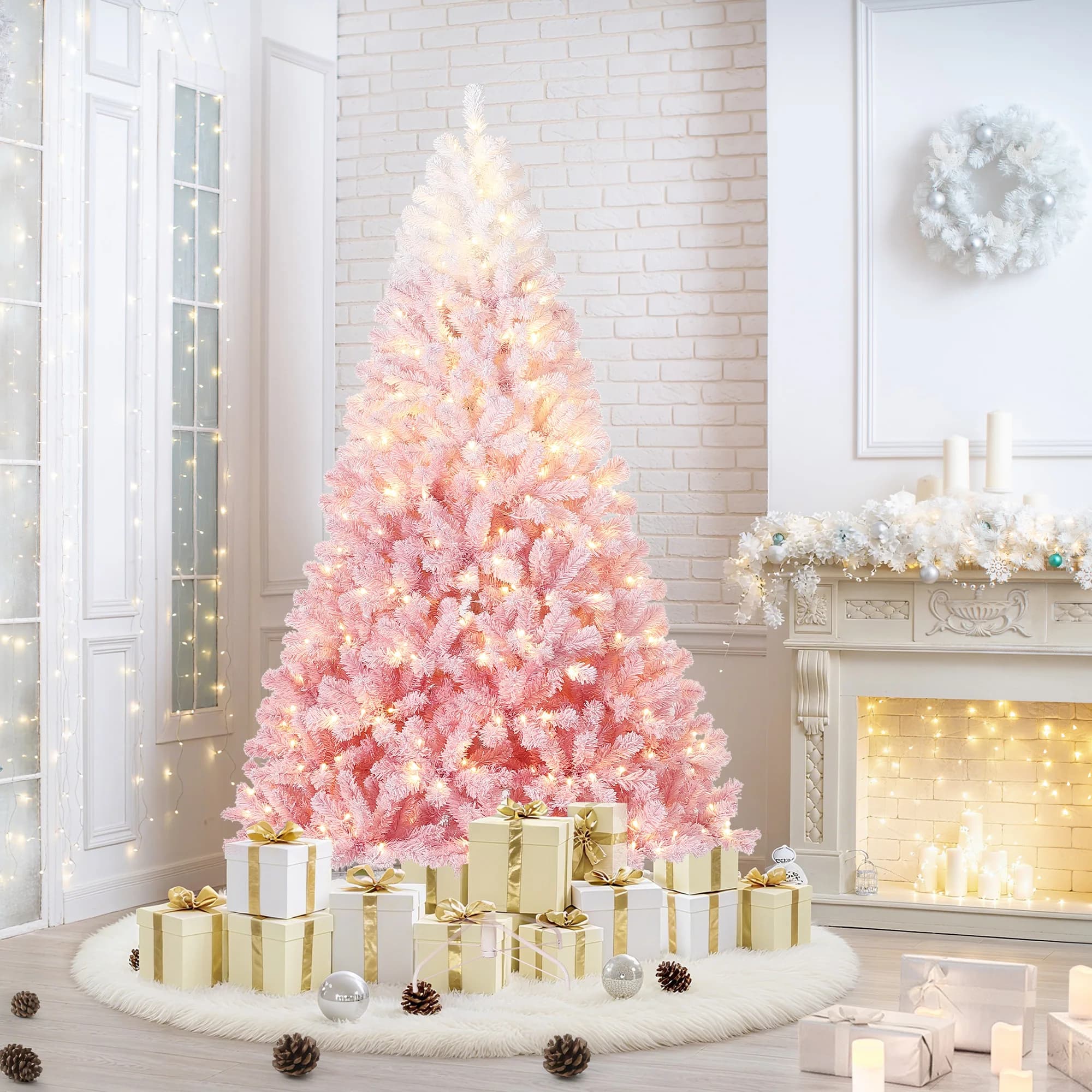 Pre-Lit Pink Artificial Christmas Tree, Hinged PVC Tree with String Lights & Foldable Metal Stand, 4.5/6/7.5/9 FT for Indoor Home Holiday Deco